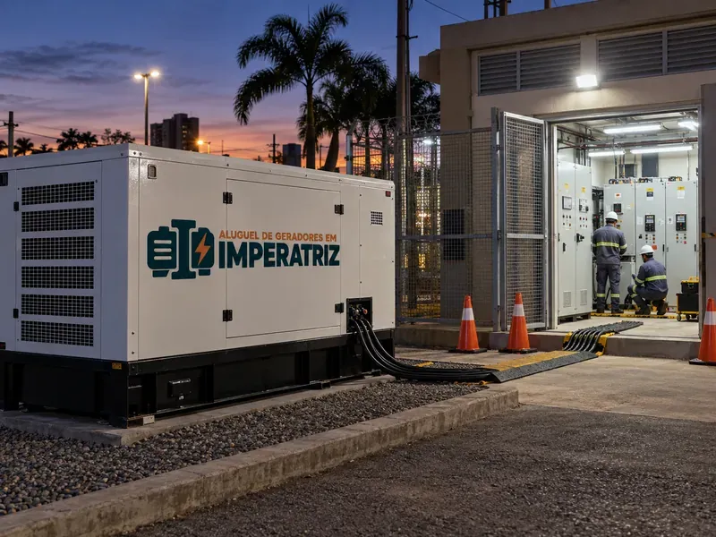 Gerador em operação ao anoitecer para manutenção de cabine primária — aluguel de geradores em Imperatriz