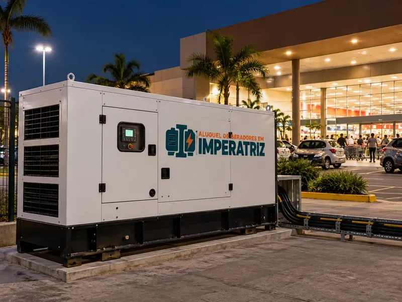 Gerador em operação ao anoitecer para shoppings e supermercados — aluguel de geradores em Imperatriz