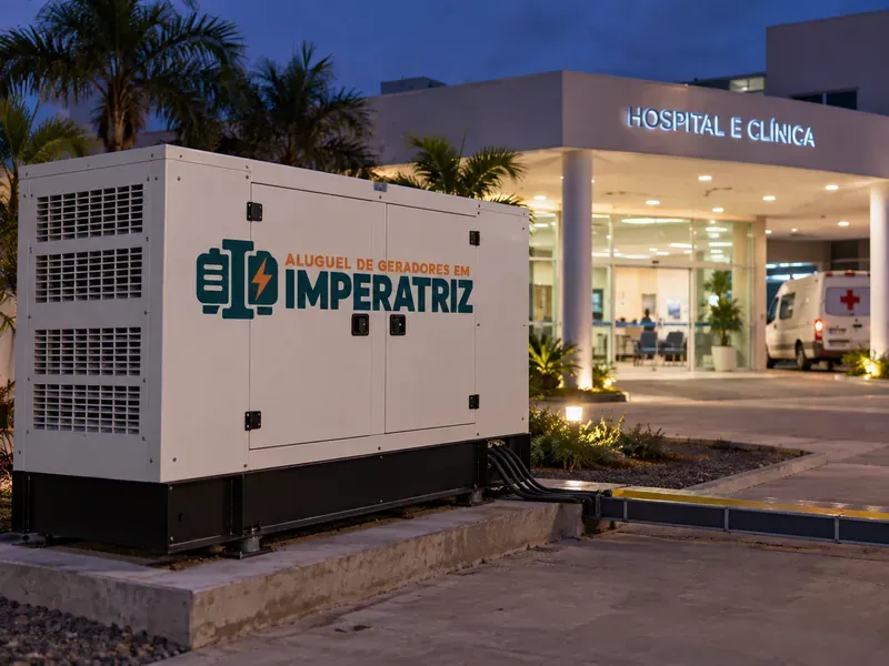 Gerador em operação ao anoitecer para hospitais e clínicas — aluguel de geradores em Imperatriz